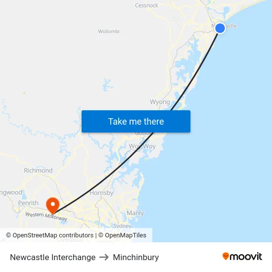 Newcastle Interchange to Minchinbury map