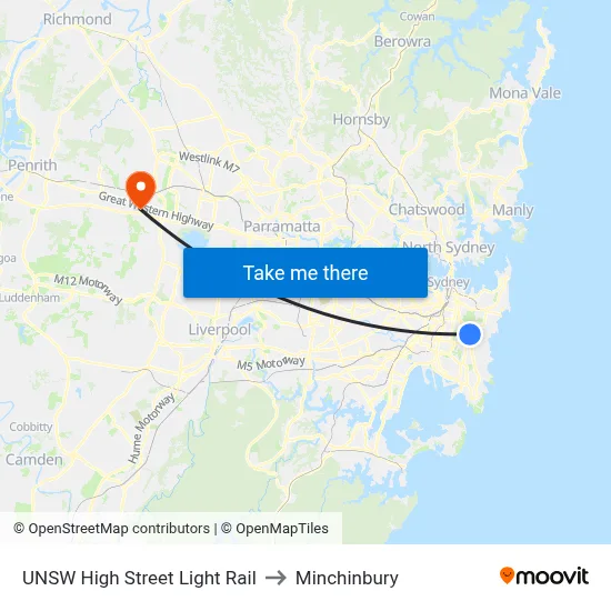 UNSW High Street Light Rail to Minchinbury map