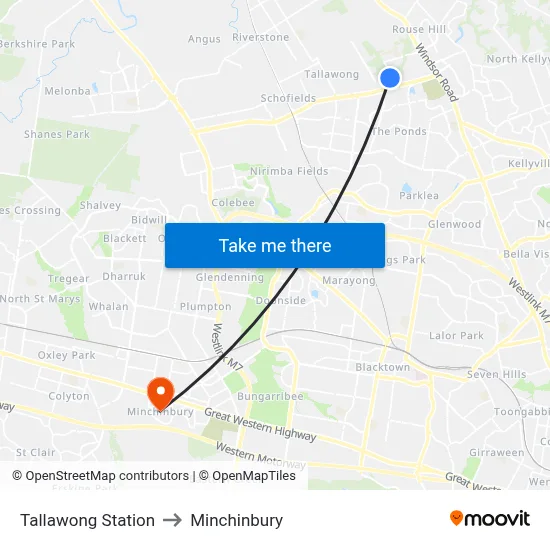 Tallawong Station to Minchinbury map