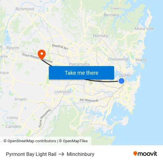 Pyrmont Bay Light Rail to Minchinbury map