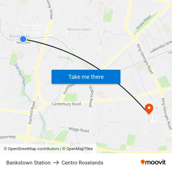 Bankstown Station to Centro Roselands map