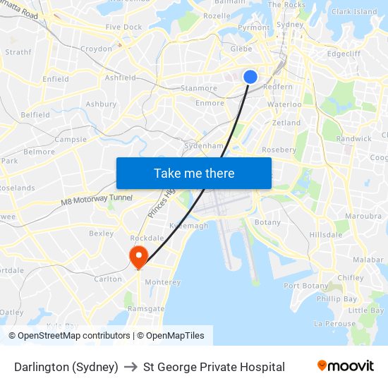 Darlington (Sydney) to St George Private Hospital map