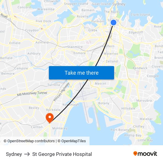 Sydney to St George Private Hospital map