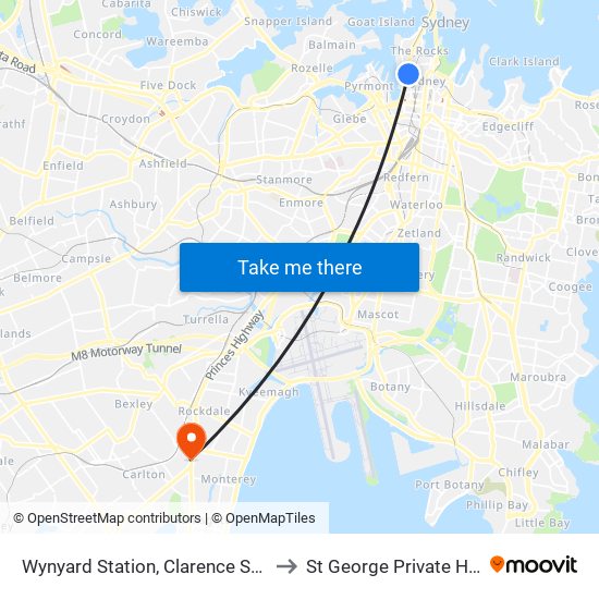 Wynyard Station, Clarence St, Stand S to St George Private Hospital map