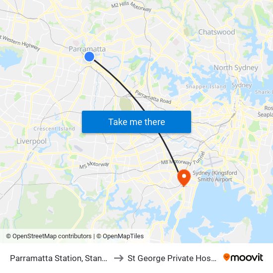 Parramatta Station, Stand A4 to St George Private Hospital map