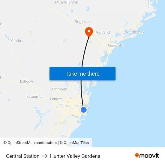 Central Station to Hunter Valley Gardens map