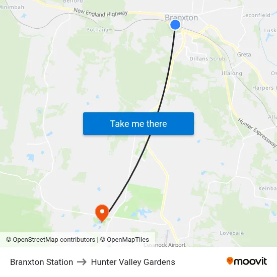 Branxton Station to Hunter Valley Gardens map