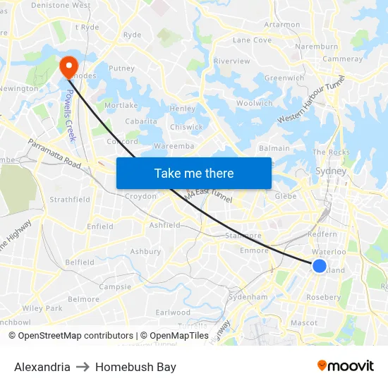 Alexandria to Homebush Bay map