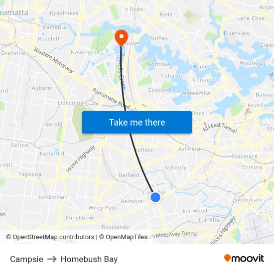 Campsie to Homebush Bay map