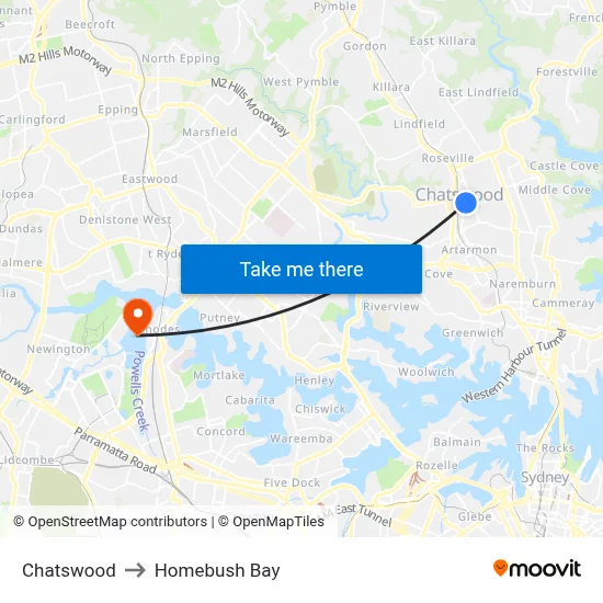 Chatswood to Homebush Bay map