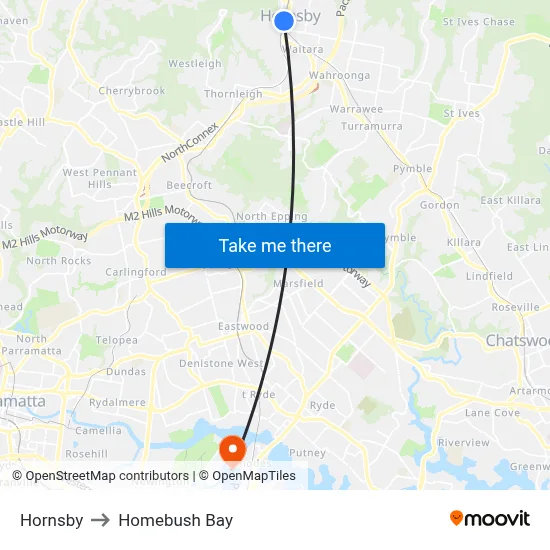 Hornsby to Homebush Bay map