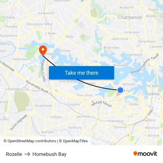 Rozelle to Homebush Bay map