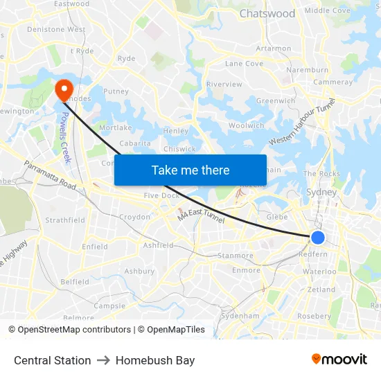 Central Station to Homebush Bay map