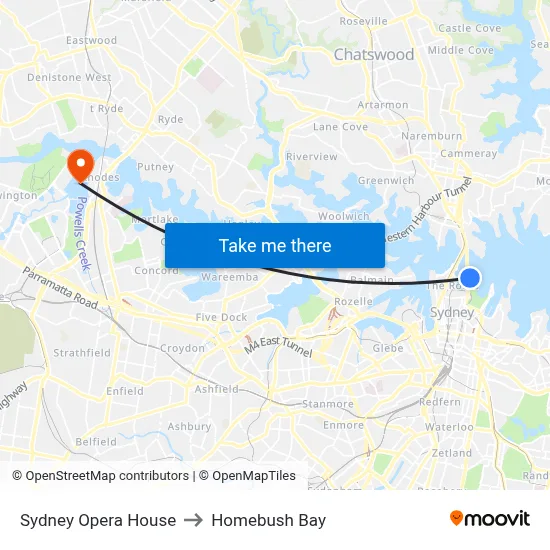 Sydney Opera House to Homebush Bay map