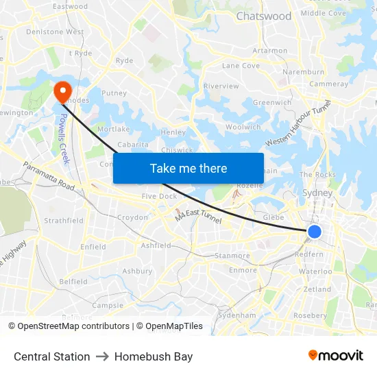 Central Station to Homebush Bay map