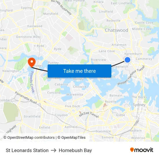 St Leonards Station to Homebush Bay map