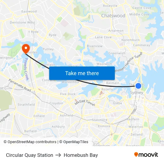 Circular Quay Station to Homebush Bay map