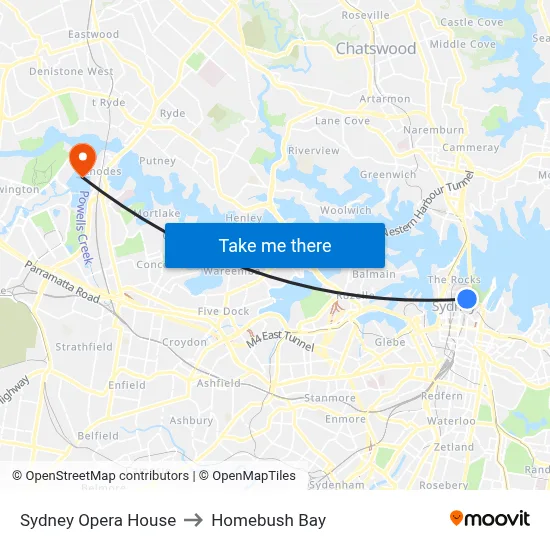 Sydney Opera House to Homebush Bay map