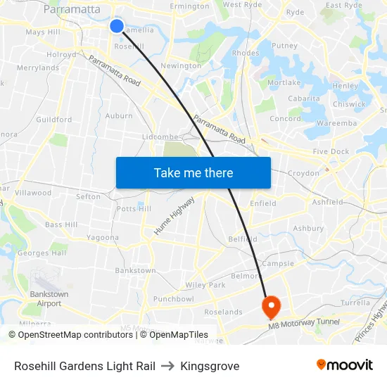 Rosehill Gardens Light Rail to Kingsgrove map