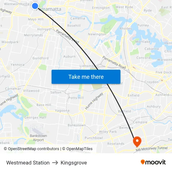 Westmead Station to Kingsgrove map
