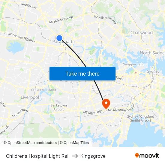 Childrens Hospital Light Rail to Kingsgrove map