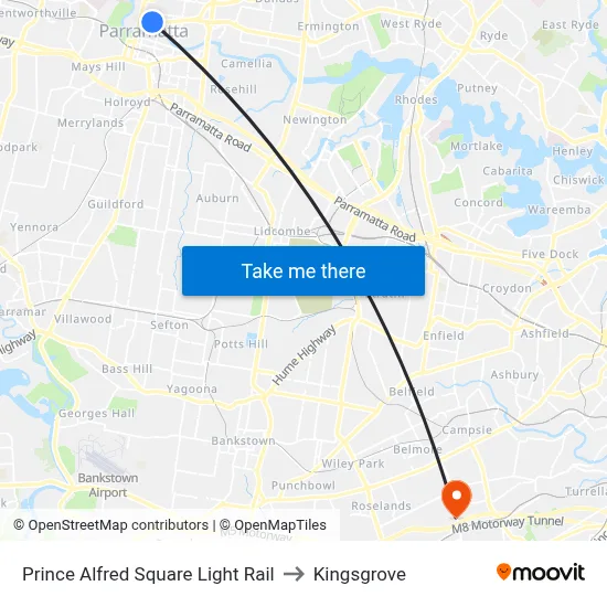 Prince Alfred Square Light Rail to Kingsgrove map