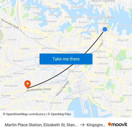Martin Place Station, Elizabeth St, Stand G to Kingsgrove map