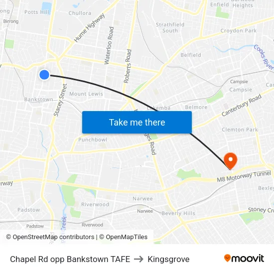 Chapel Rd opp Bankstown TAFE to Kingsgrove map
