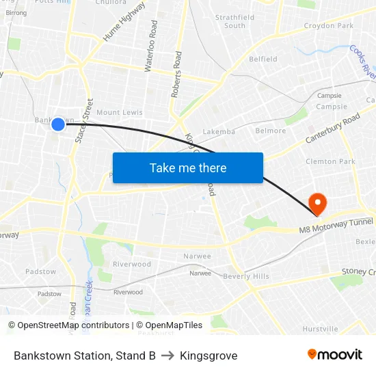 Bankstown Station, Stand B to Kingsgrove map