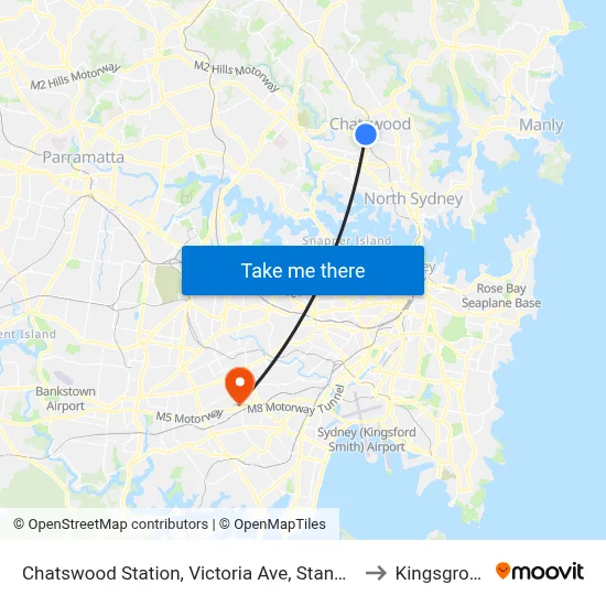 Chatswood Station, Victoria Ave, Stand E to Kingsgrove map