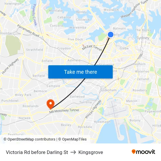 Victoria Rd before Darling St to Kingsgrove map