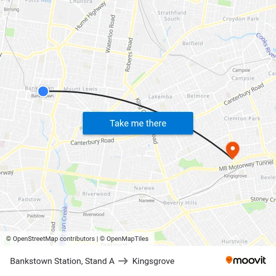 Bankstown Station, Stand A to Kingsgrove map