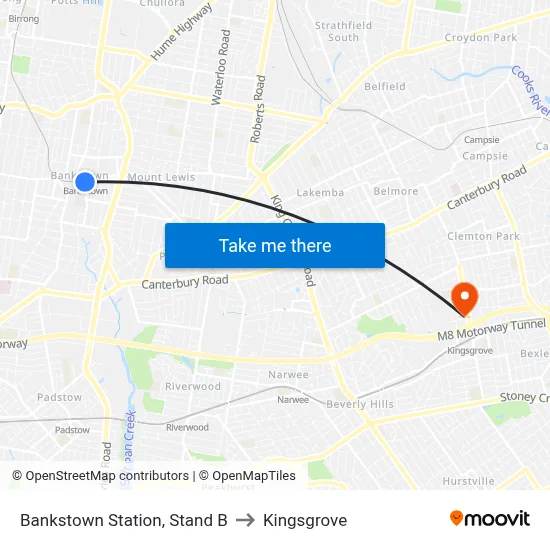 Bankstown Station, Stand B to Kingsgrove map