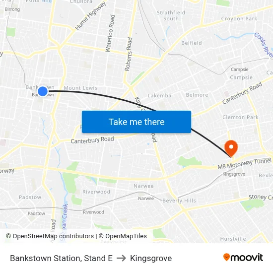 Bankstown Station, Stand E to Kingsgrove map