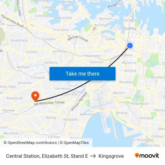 Central Station, Elizabeth St, Stand E to Kingsgrove map