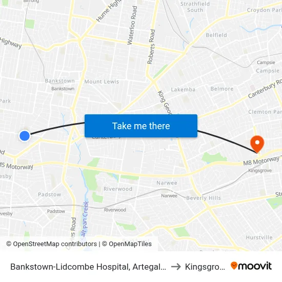 Bankstown-Lidcombe Hospital, Artegall St to Kingsgrove map