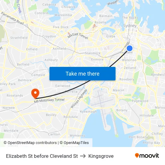 Elizabeth St before Cleveland St to Kingsgrove map