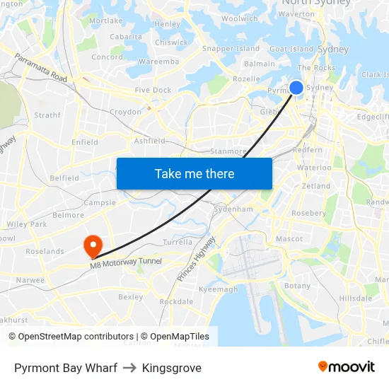 Pyrmont Bay Wharf to Kingsgrove map