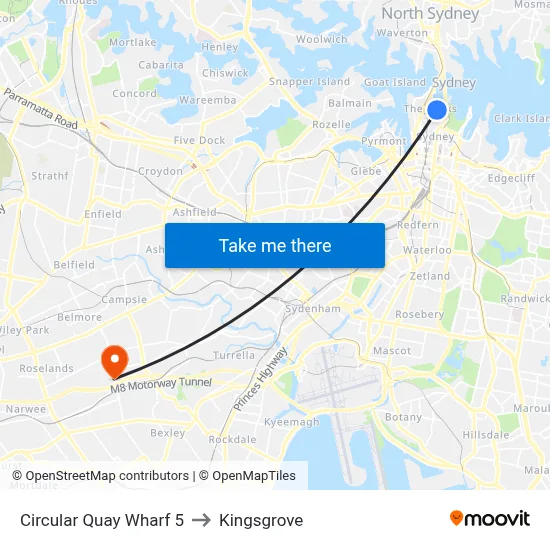 Circular Quay Wharf 5 to Kingsgrove map