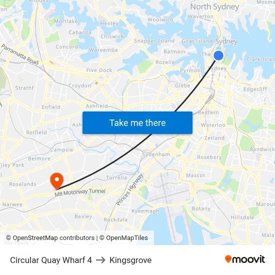 Circular Quay Wharf 4 to Kingsgrove map
