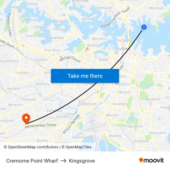 Cremorne Point Wharf to Kingsgrove map