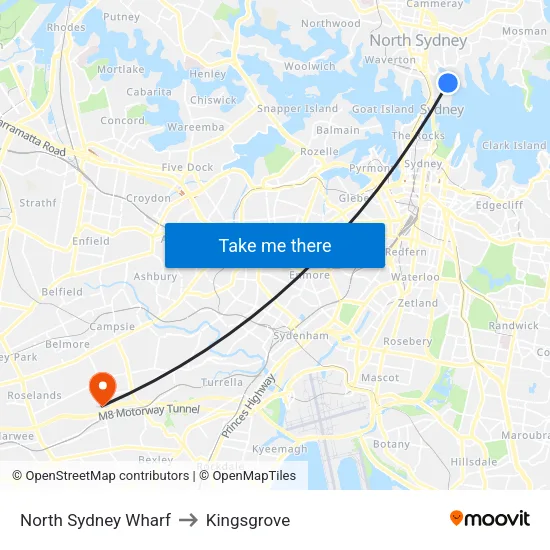 North Sydney Wharf to Kingsgrove map