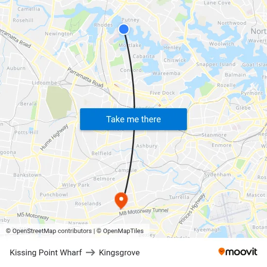 Kissing Point Wharf to Kingsgrove map