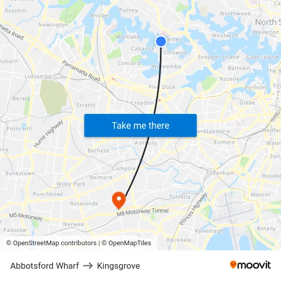 Abbotsford Wharf to Kingsgrove map