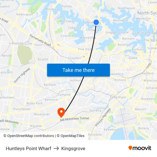 Huntleys Point Wharf to Kingsgrove map