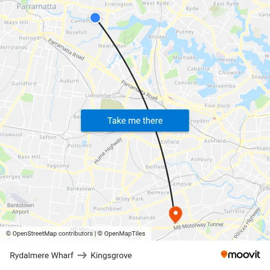 Rydalmere Wharf to Kingsgrove map