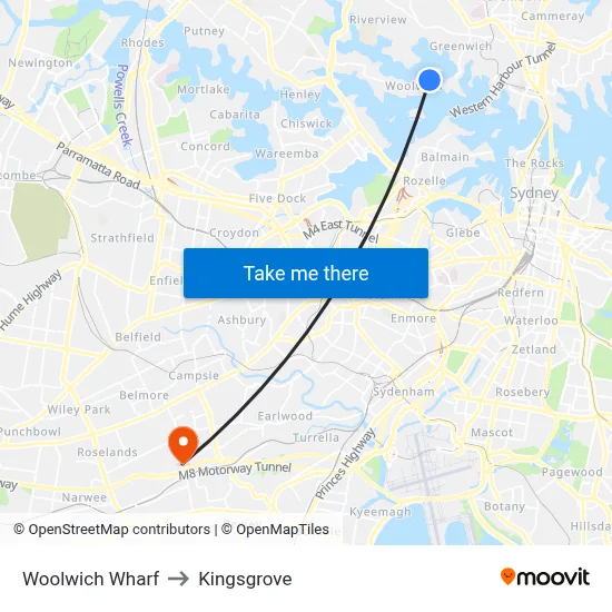 Woolwich Wharf to Kingsgrove map