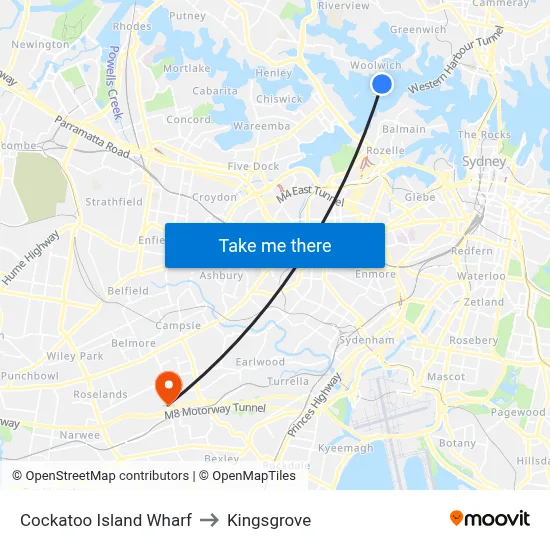 Cockatoo Island Wharf to Kingsgrove map
