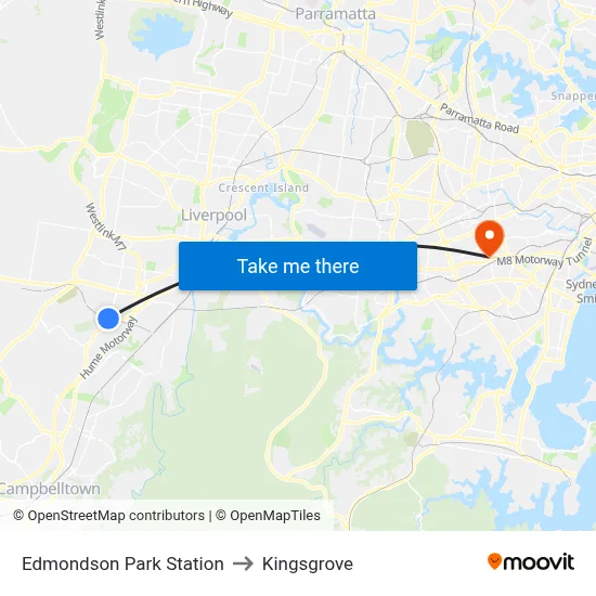Edmondson Park Station to Kingsgrove map