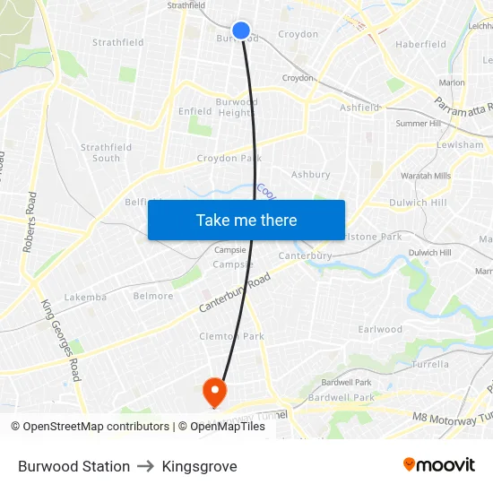Burwood Station to Kingsgrove map